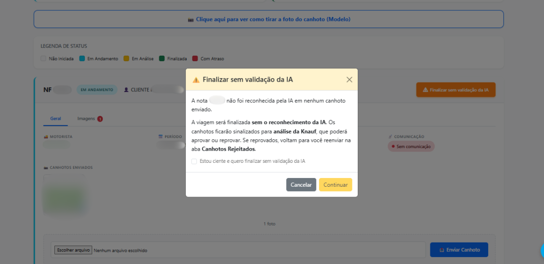 (passo 2)transportadora aviso antes de finalizar